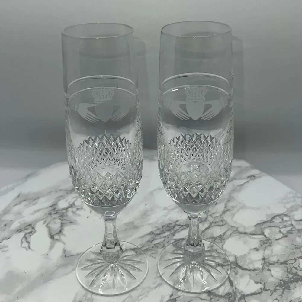 GALWAY CRYSTAL Champagne Flutes Claddagh Etched